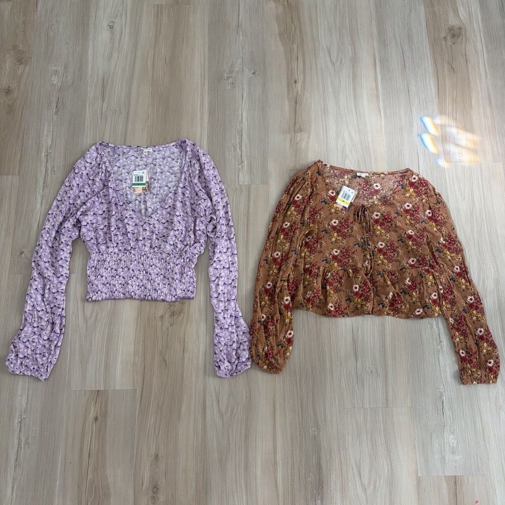 Selfie Womens Sz M/L Brown Flowers Purple Crop Boho Babydoll Ruffle Bundle Tops
